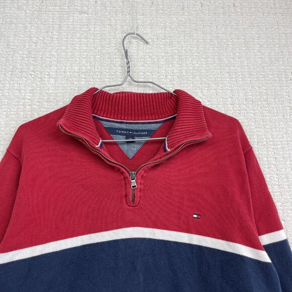 Tommy Hilfiger Sweater Mens L Blue / White / Red Cotton Half Zip Logo Classic - Picture 2 of 12